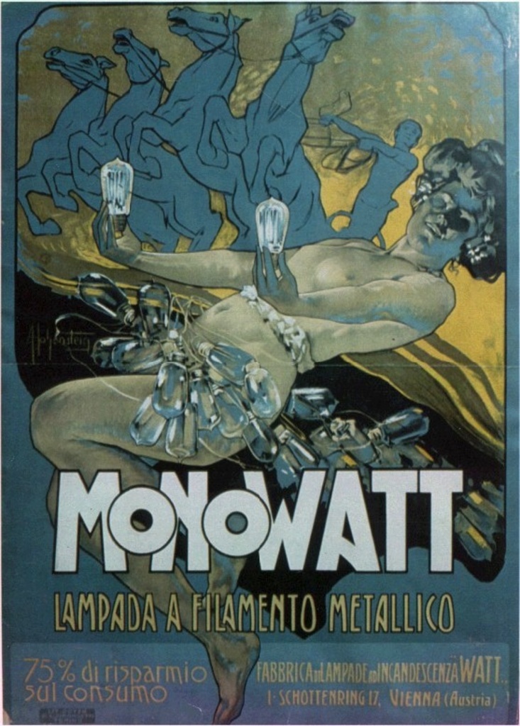 Manifesti d'epoca: "Monowatt - Lampada a filamento metallico"